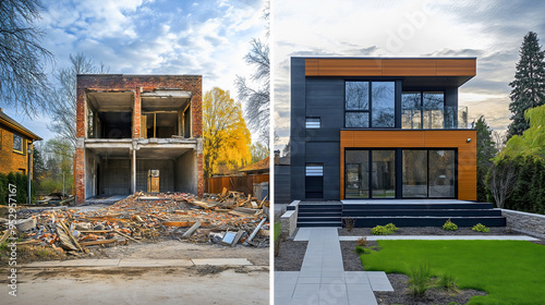 House renovation, exterior construction transformation from old to new apartment, modernization of home architecture with improved design, comparing before and after of restored property