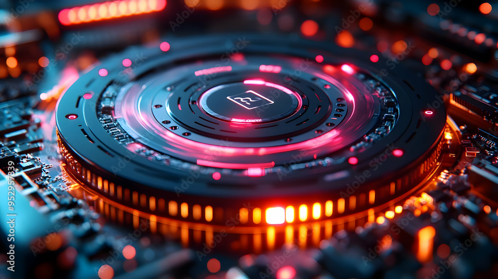 Futuristic 3D Illustration of Circuit Board with Glowing Lights Futuristic 3D Illustration of Circuit Board with Glowing Lights