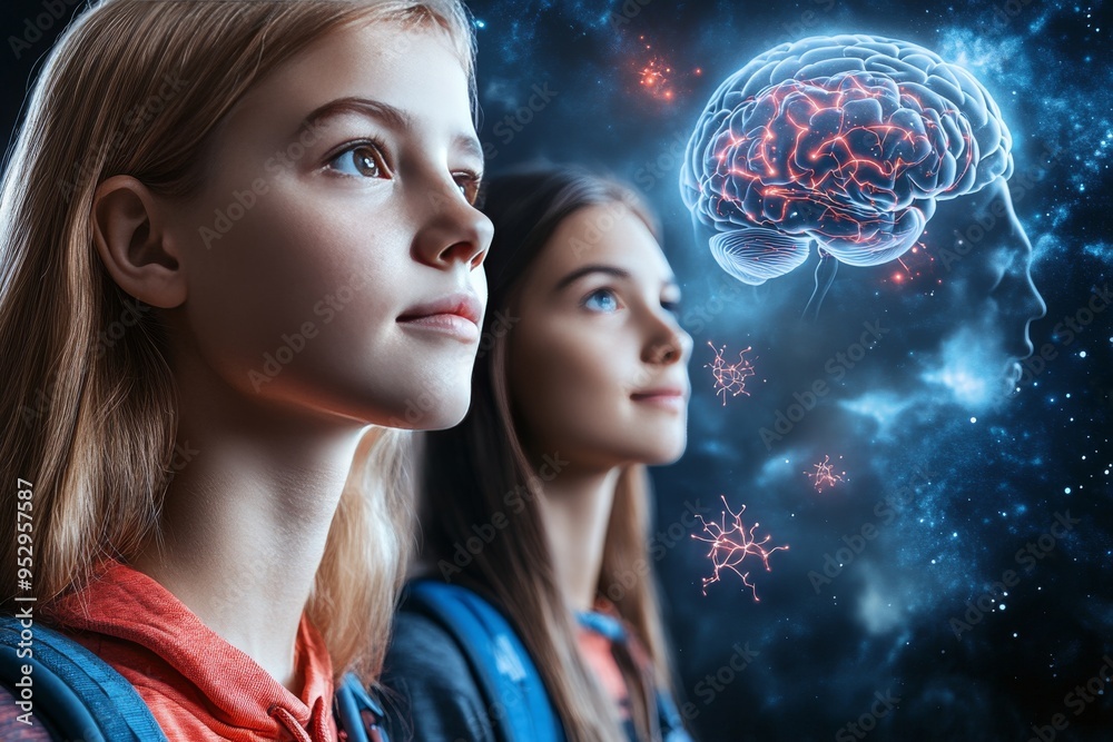 Two Young People with Glowing Brain Patterns Representing Learning Cognitive Development and Intellectual Curiosity in a Futuristic Sci Fi Inspired Setting Two Young People with Glowing Brain Patterns Representing Learning Cognitive Development and Intellectual Curiosity in a Futuristic Sci Fi Inspired Setting