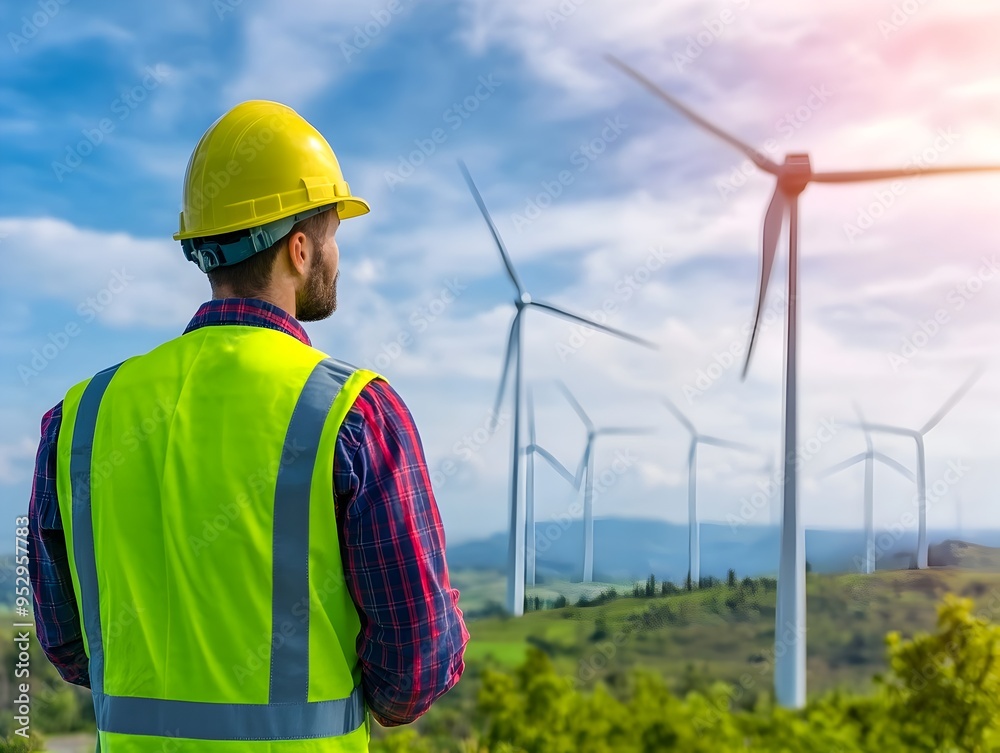 Skilled Wind Turbine Engineer Maintains Equipment in Picturesque Remote Landscape Skilled Wind Turbine Engineer Maintains Equipment in Picturesque Remote Landscape