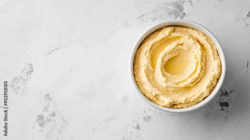 Top view of creamy hummus in white bowl, homemade vegetarian Mediterranean dip with copy space, healthy vegan food appetizer featuring chickpeas and tahini, delicious olive oil drizzle Top view of creamy hummus in white bowl, homemade vegetarian Mediterranean dip with copy space, healthy vegan food appetizer featuring chickpeas and tahini, delicious olive oil drizzle