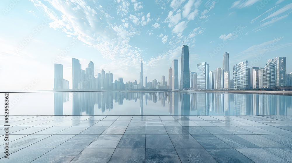 A wide angle view of a city skyline reflected in the water with a tiled floor in the foreground. A wide angle view of a city skyline reflected in the water with a tiled floor in the foreground.