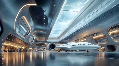 28082302 22 Spacecraft preparing for takeoff in a bustling futuristic airport terminal Sleek architecture bright open spaces cool tones and detailed 3D rendering photo