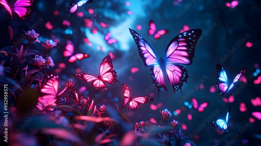 Obraz premium Mesmerizing Neon Butterflies Swirling in a Magical Moonlit Garden