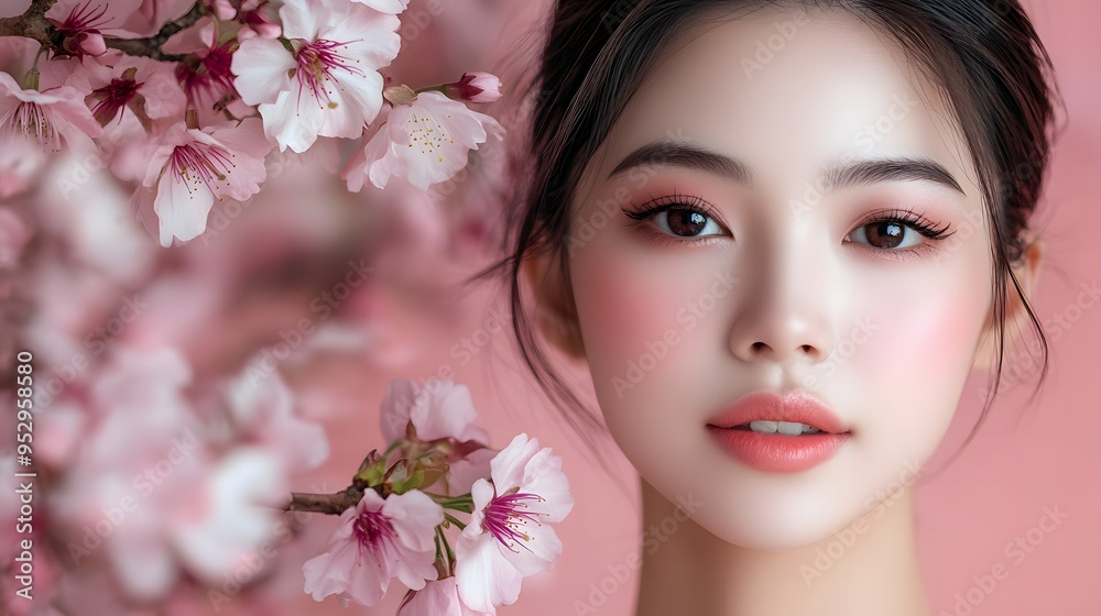 Portrait of an Asian woman model surrounded by blooming sakura flowers, set against a pink background Portrait of an Asian woman model surrounded by blooming sakura flowers, set against a pink background