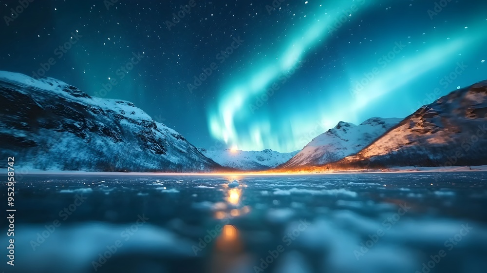 Naklejka premium Mesmerizing Glow of Aurora Borealis over Frozen Lake in Peaceful Winter Landscape