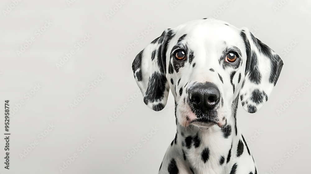 A close-up portrait of a Dalmatian dog with distinctive black and white spots against a plain background. A close-up portrait of a Dalmatian dog with distinctive black and white spots against a plain background.