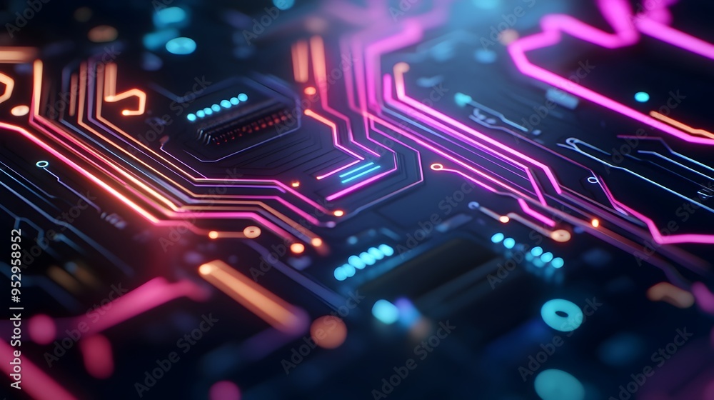 Fototapeta premium Captivating Glowing Circuit Board Patterns in Shadowy Industrial Backdrop