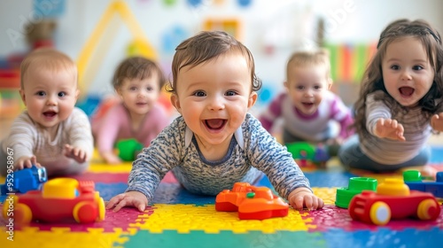 Happy Babies Playing With Toys On Colorful Mat