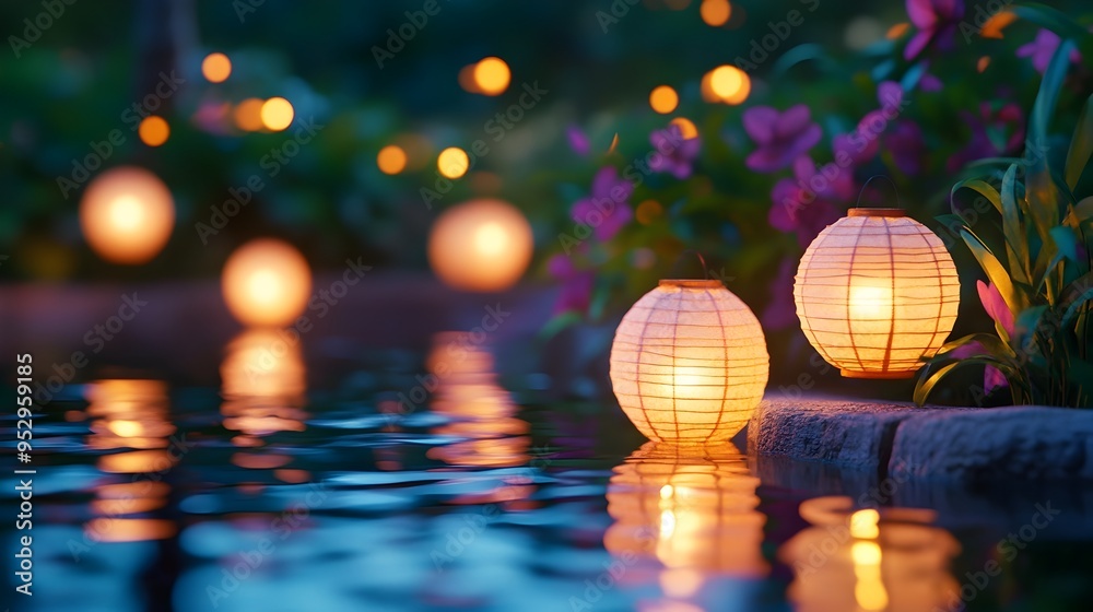 Fototapeta premium Glowing Paper Lanterns Illuminating a Tranquil Night Garden of Lush Foliage and Blooming Flowers
