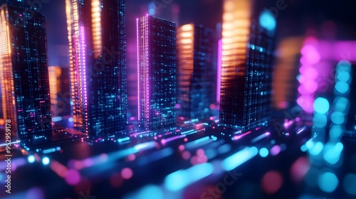 Futuristic Cityscape with Glowing Geometric Building Facades Illuminated by Vibrant Neon and LED Lights photo