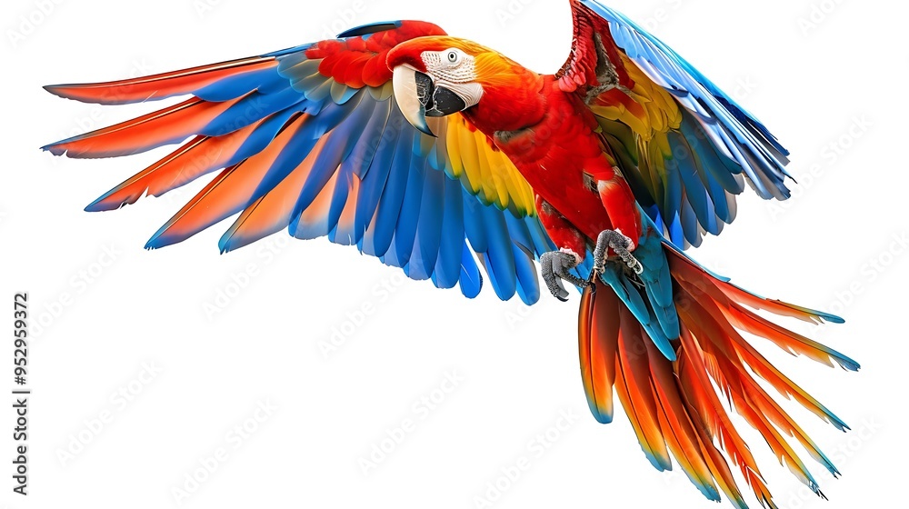 Obraz premium A vibrant macaw in flight, showcasing its colorful plumage and dynamic pose.