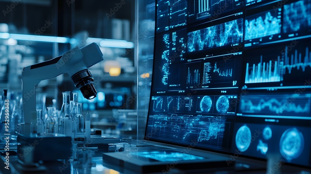 digital laboratory environment with multiple screens displaying complex diagnostic data, symbolizing advanced medical technology digital laboratory environment with multiple screens displaying complex diagnostic data, symbolizing advanced medical technology