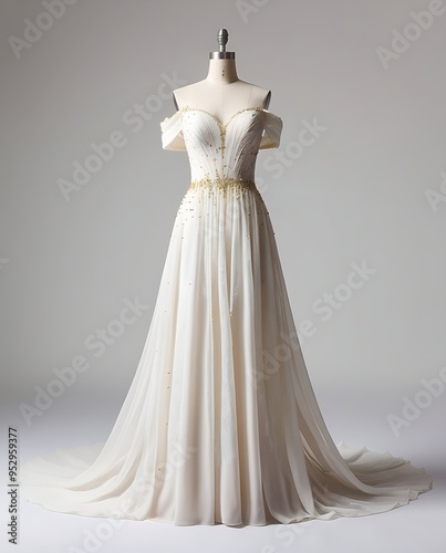 White offtheshoulder gown with intricate gold beading perfect for elegant events and formal occasions. Stunning and luxurious attire.
 photo