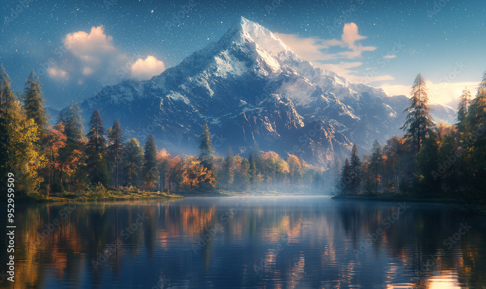 Obraz premium enchanting mountain landscape with misty forests, serene lake, and starry sky reflection