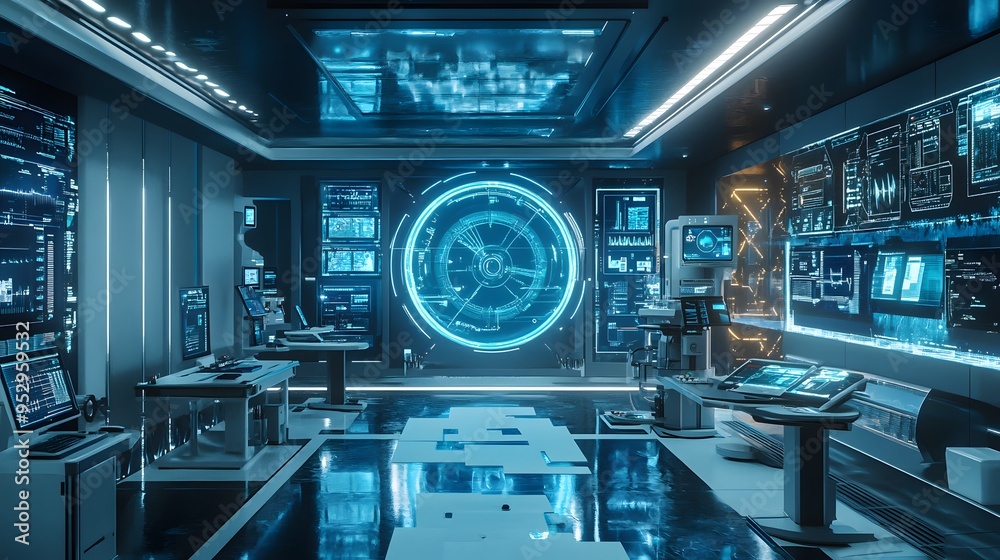 Futuristic laboratory setup featuring an array of screens with dynamic diagnostic processes Futuristic laboratory setup featuring an array of screens with dynamic diagnostic processes
