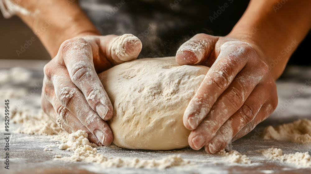 Baker kneading dough on floured wooden table, hands working fresh bread ingredients, closeup of traditional baking process showcasing artisanal culinary preparation recipe, pastry cooking Baker kneading dough on floured wooden table, hands working fresh bread ingredients, closeup of traditional baking process showcasing artisanal culinary preparation recipe, pastry cooking