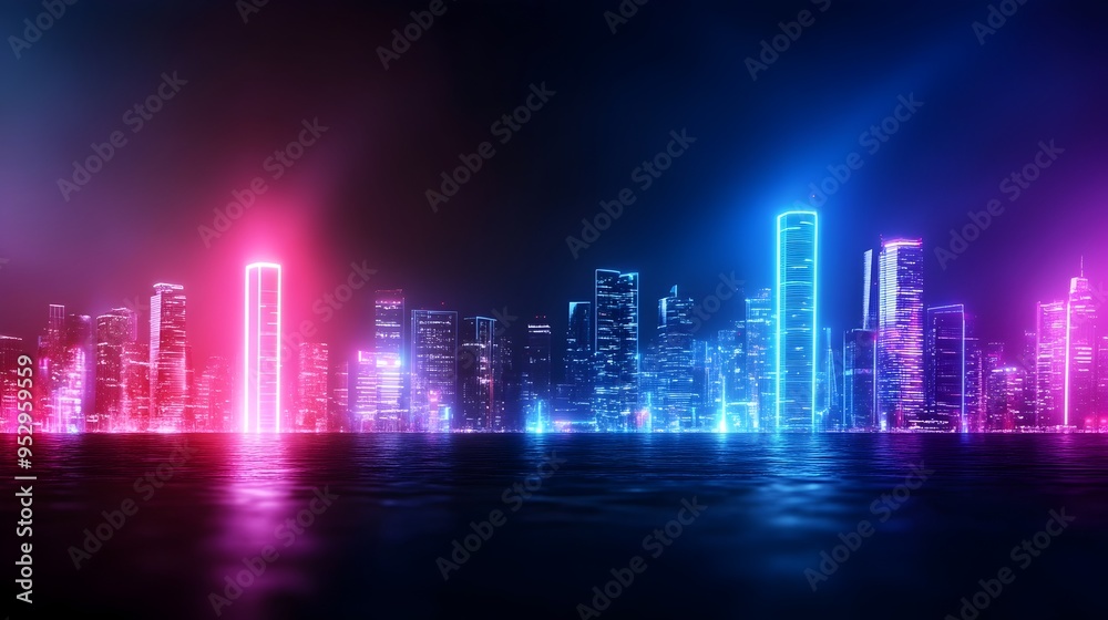 Captivating Techno Dystopian Cityscape Aglow with Cascading Neon Lines and Stark Contrasts Captivating Techno Dystopian Cityscape Aglow with Cascading Neon Lines and Stark Contrasts