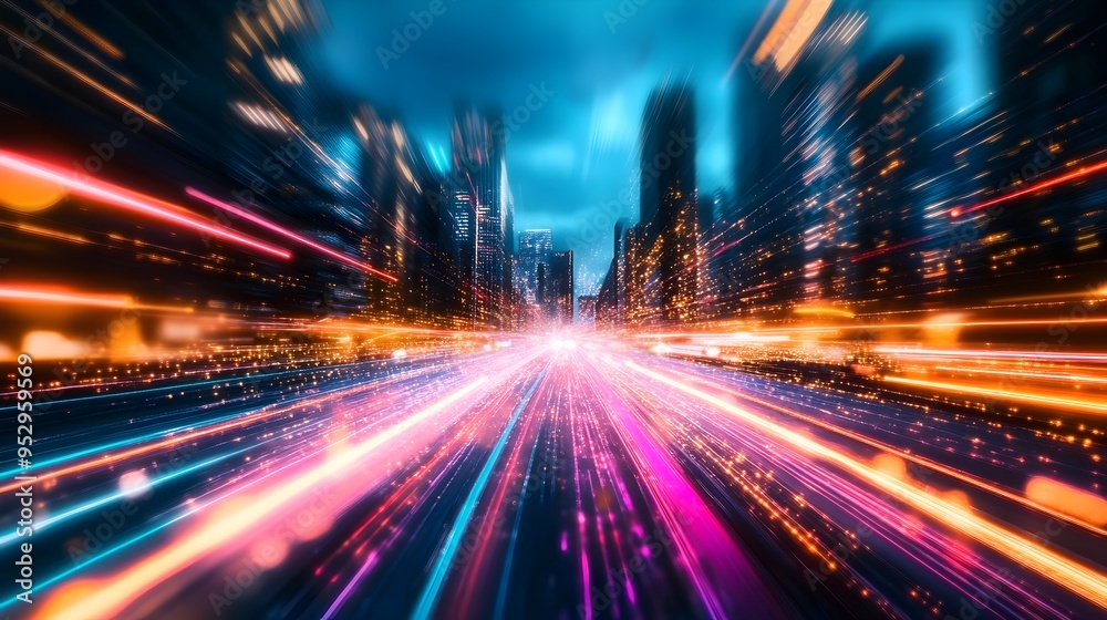 Fototapeta premium Pulsating Neon Cityscape of Techno Dystopian Splendor