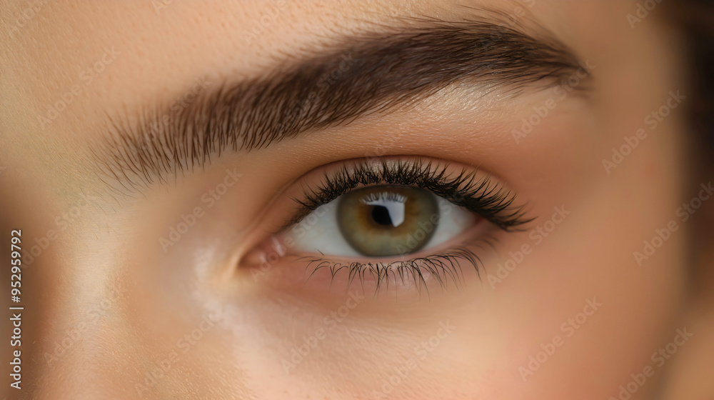 Closeup of a woman eye showcasing eyebrows and eyelashes, beauty and care in makeup and cosmetology for a young, attractive female model healthy skin Closeup of a woman eye showcasing eyebrows and eyelashes, beauty and care in makeup and cosmetology for a young, attractive female model healthy skin