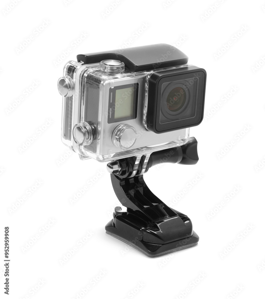 Modern action camera and mount isolated on white Modern action camera and mount isolated on white