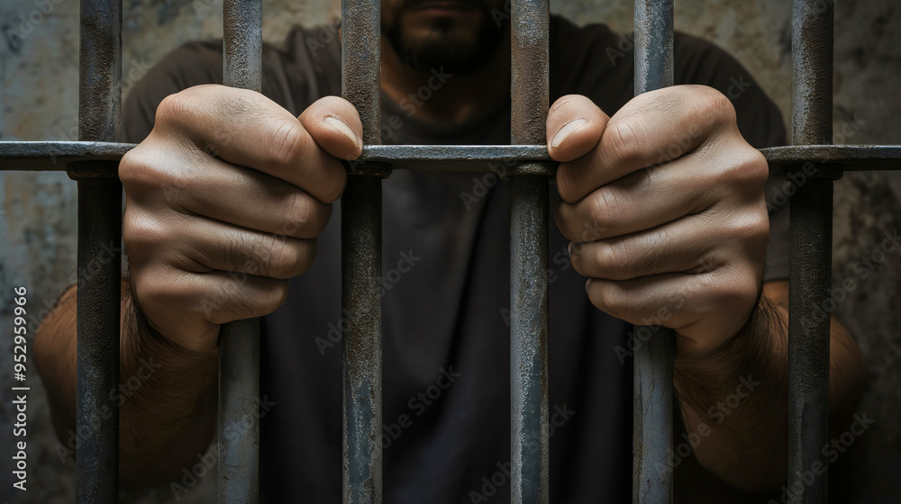 Behind bars in a jail cell, a prisoner reflects on freedom while locked