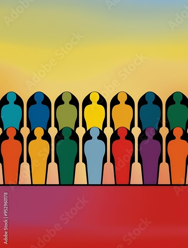 An array of vibrant, multicolored human figures stand in group, representing the unity and strength found in cultural diversity and the importance of inclusion in society 