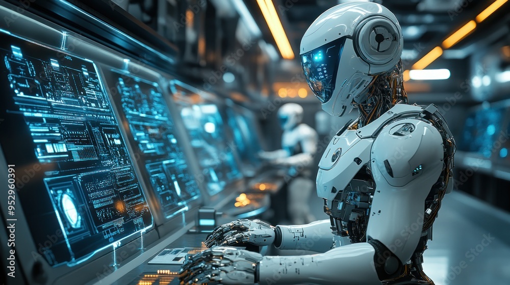 Humanoid Robot Working at a Control Panel Humanoid Robot Working at a Control Panel