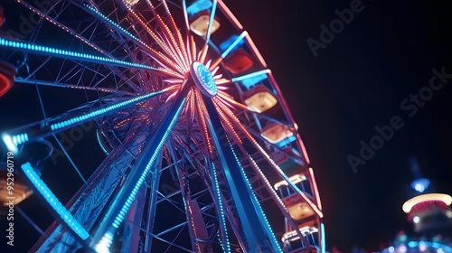 Close-up of a Ferris wheel in motion, illuminated against the dark night sky