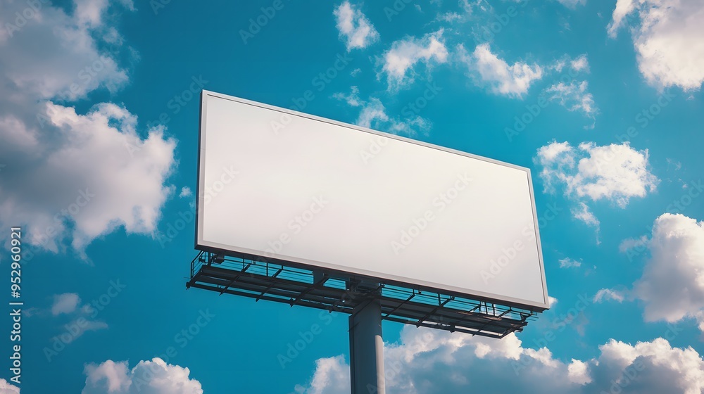 Fototapeta premium Empty white billboard positioned against a backdrop of a blue sky with clouds, ideal for mock-up designs