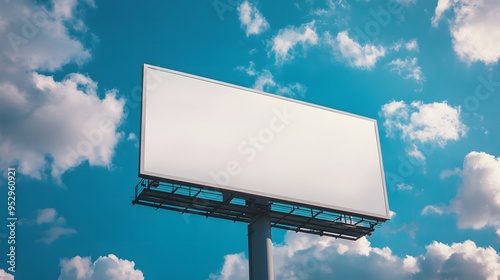 Empty white billboard positioned against a backdrop of a blue sky with clouds, ideal for mock-up designs