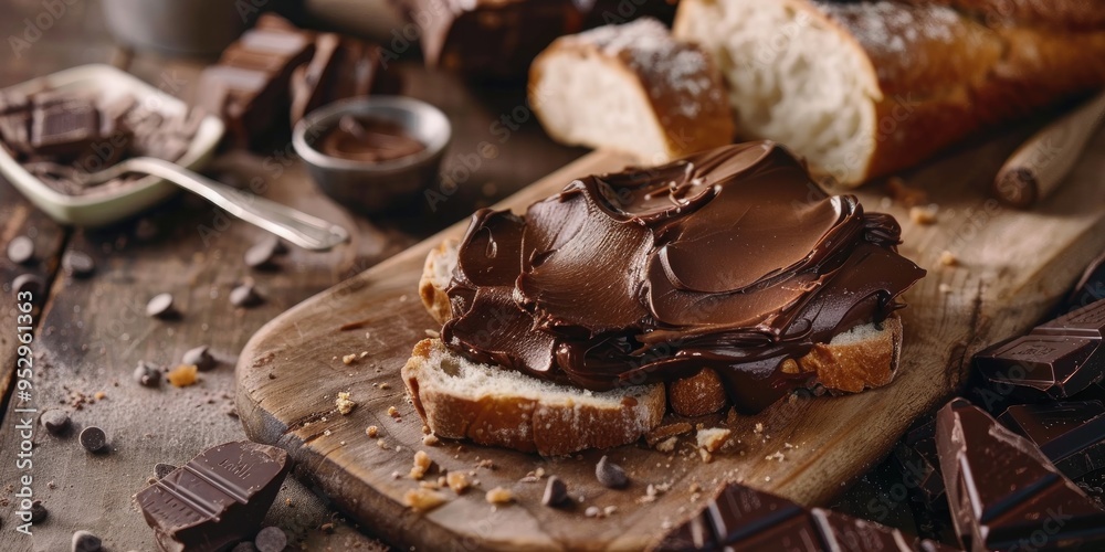 Chocolate butter slices on the table preparing a delicious homemade dessert with white bread Chocolate butter slices on the table preparing a delicious homemade dessert with white bread