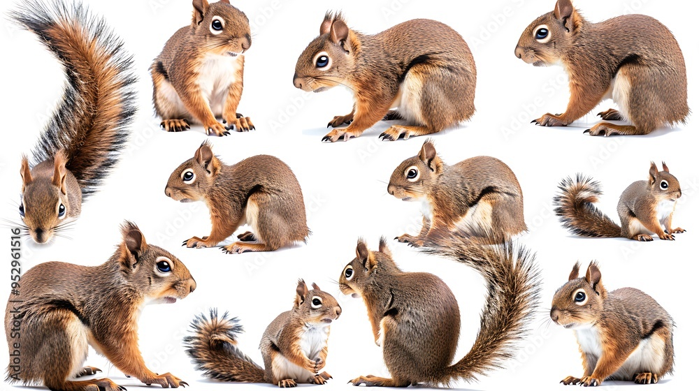 Fototapeta premium A collection of various poses of squirrels against a white background.