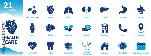 Healthcare icon. Collection of icons on medical, human organs, hospital, body resistance, contact. Solid vector icons.