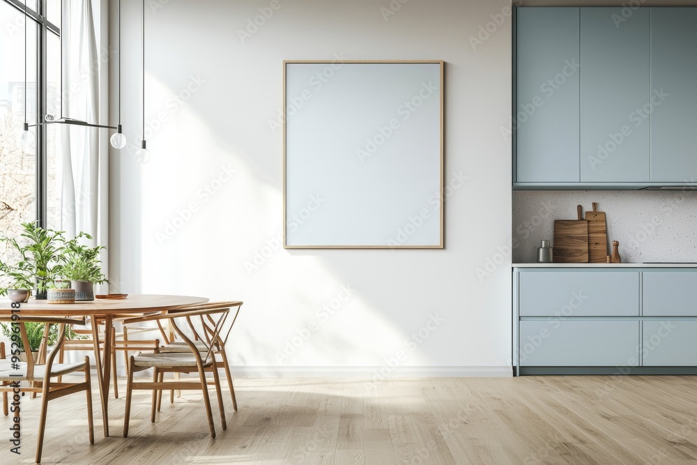 Fototapeta premium Poster Mockup in Kitchen Interior with White Wall created with Generative AI