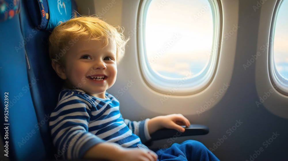 A happy little boy sitting on an airplane, filled with joy and excitement for his flight, fun of travel and the adventure of child or kid A happy little boy sitting on an airplane, filled with joy and excitement for his flight, fun of travel and the adventure of child or kid