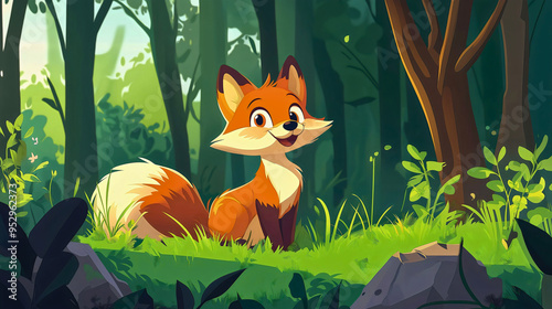 An adorable cartoon fox animal character smiles as happy in a woodland forest, showcasing a cute illustration of wildlife and nature in a fun and cheerful design photo