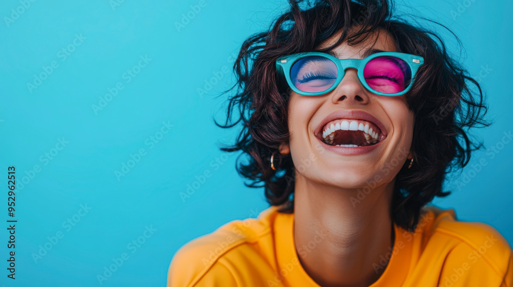 A person with curly hair and colorful sunglasses laughs joyfully, wearing a yellow shirt, set against a bright blue background. A person with curly hair and colorful sunglasses laughs joyfully, wearing a yellow shirt, set against a bright blue background.