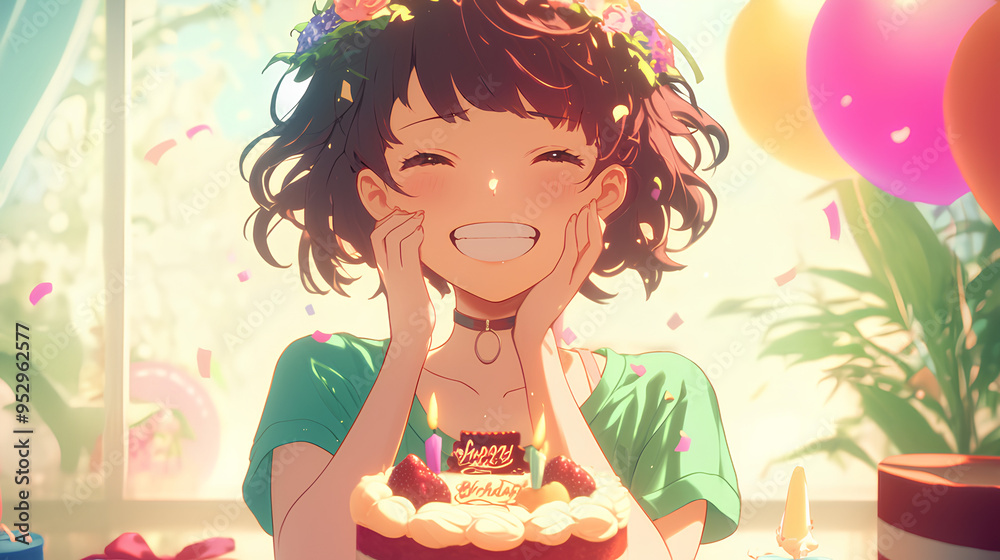Celebrate your birthday anime girl, birthday cake close up. Anime style Celebrate your birthday anime girl, birthday cake close up. Anime style