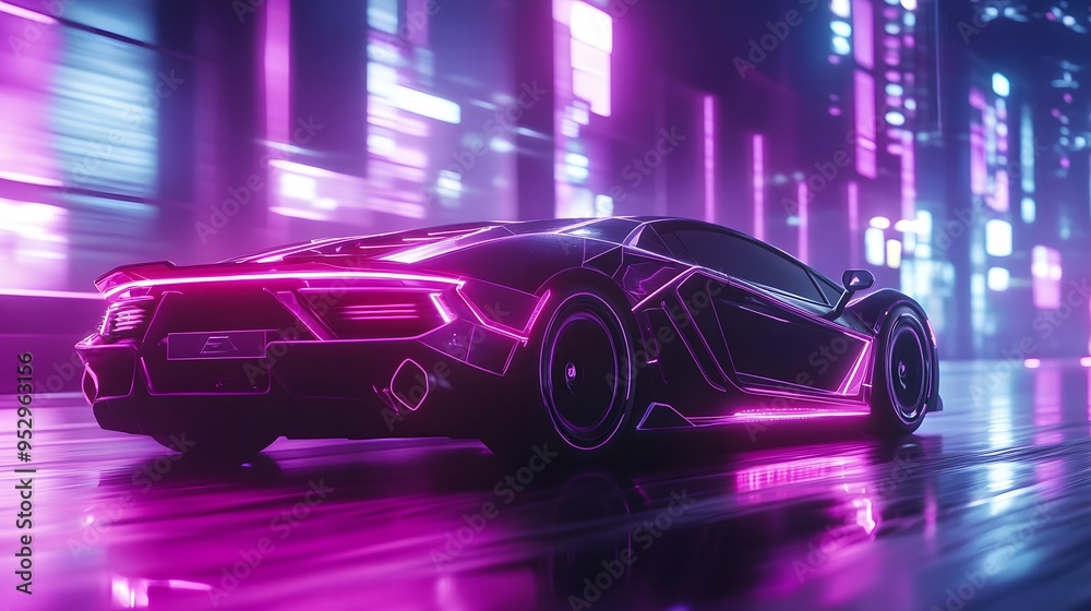 Futuristic high-speed sports car driving through a neon-lit city at night Futuristic high-speed sports car driving through a neon-lit city at night