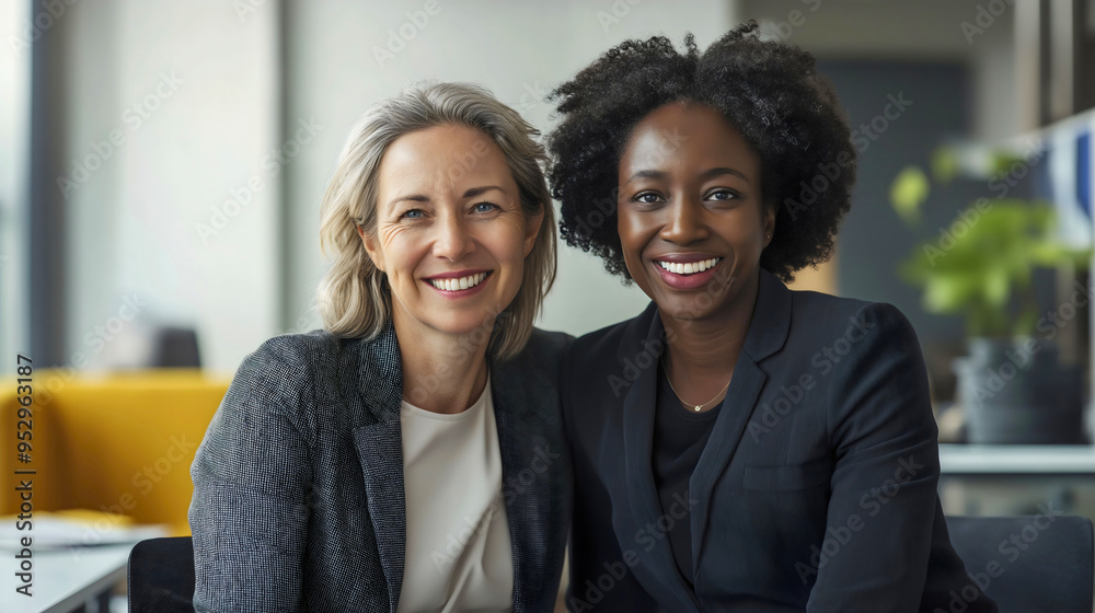 Two diverse businesswomen colleagues in office, happy collaboration meeting, multicultural teamwork of professional women working together, entrepreneurs discussing project Two diverse businesswomen colleagues in office, happy collaboration meeting, multicultural teamwork of professional women working together, entrepreneurs discussing project