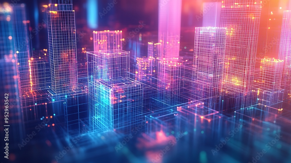Abstract Neon Cityscape with Glowing Wireframe Buildings Abstract Neon Cityscape with Glowing Wireframe Buildings