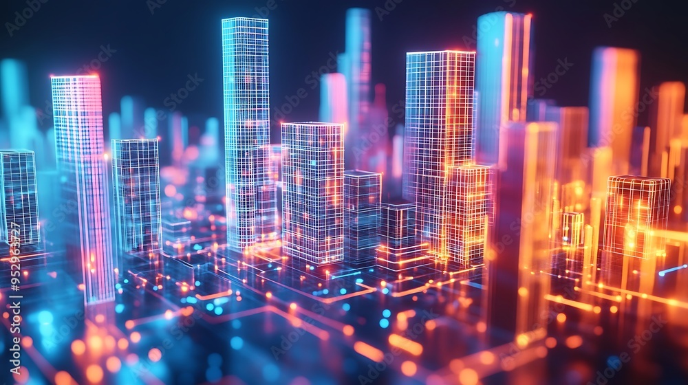 Neon Cityscape with Glowing Buildings and Lines Neon Cityscape with Glowing Buildings and Lines