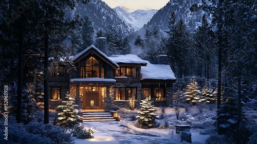 A Cozy Cabin Nestled in a Snowy Mountain Forest at Twilight