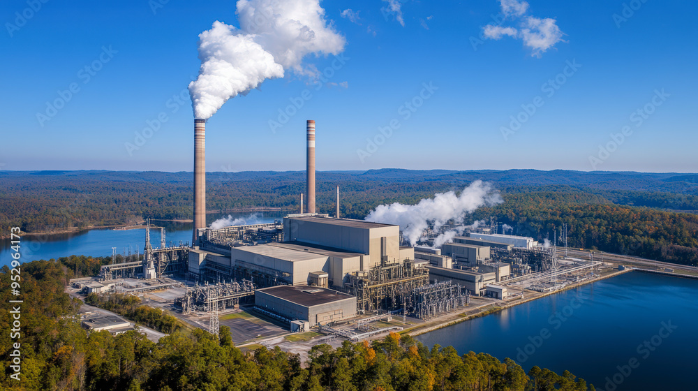 Aerial view of a large industrial power plant with towering smokestacks and steam emissions, situated by a body of water amidst a forested landscape. Aerial view of a large industrial power plant with towering smokestacks and steam emissions, situated by a body of water amidst a forested landscape.