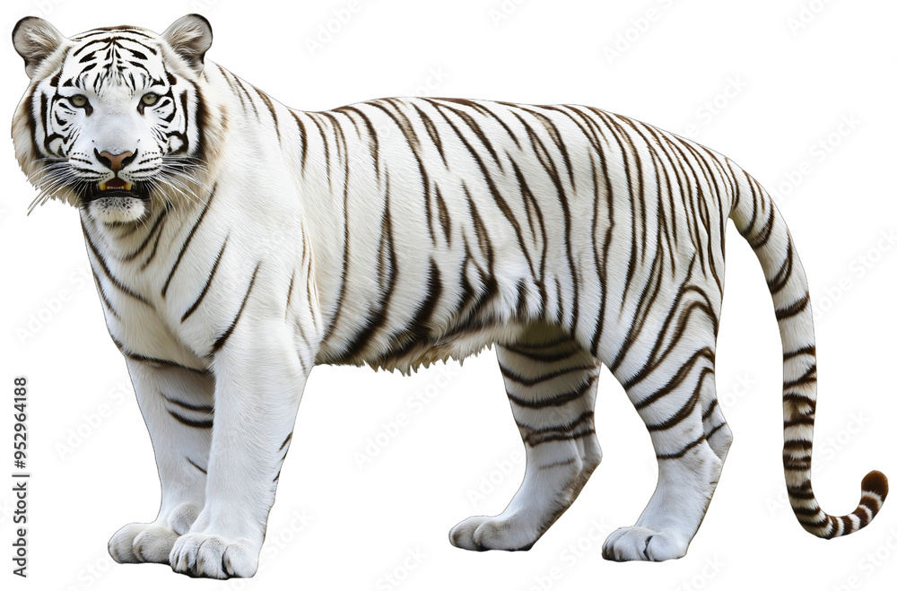 Fototapeta premium Large white tiger with black stripes, portrait of Siberian big cat isolated on transparent background, majestic predator in studio shot, powerful feline eyes, side view of mixed breed panthera tigris