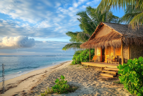 Tropical Retreat: A Warm Beachfront Hut Adorned with Tropical Motifs