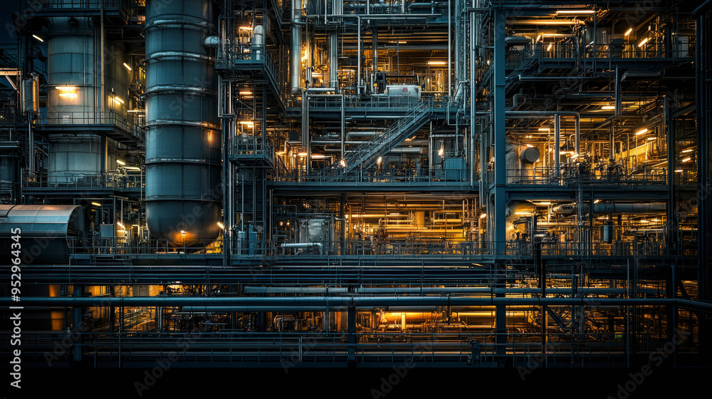 An intricate network of pipes, machinery, and supporting structures illuminated in a modern industrial facility, showcasing advanced engineering and complex infrastructure. An intricate network of pipes, machinery, and supporting structures illuminated in a modern industrial facility, showcasing advanced engineering and complex infrastructure.