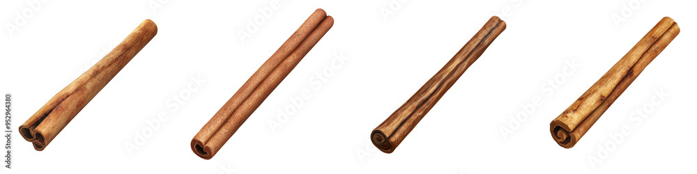 A set of four cinnamon sticks, isolated on a white background, showcasing the aromatic spice in its natural form. A set of four cinnamon sticks, isolated on a white background, showcasing the aromatic spice in its natural form.