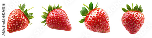 A row of four ripe, red strawberries with green leaves, showcasing their juicy and fresh appearance against a transparent background.